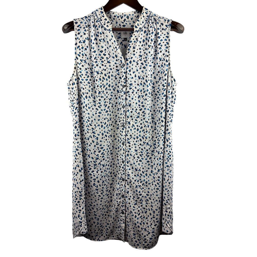 Women’s CAbi Large White Sleeveless Button Up Dress w/ Blue Animal Print